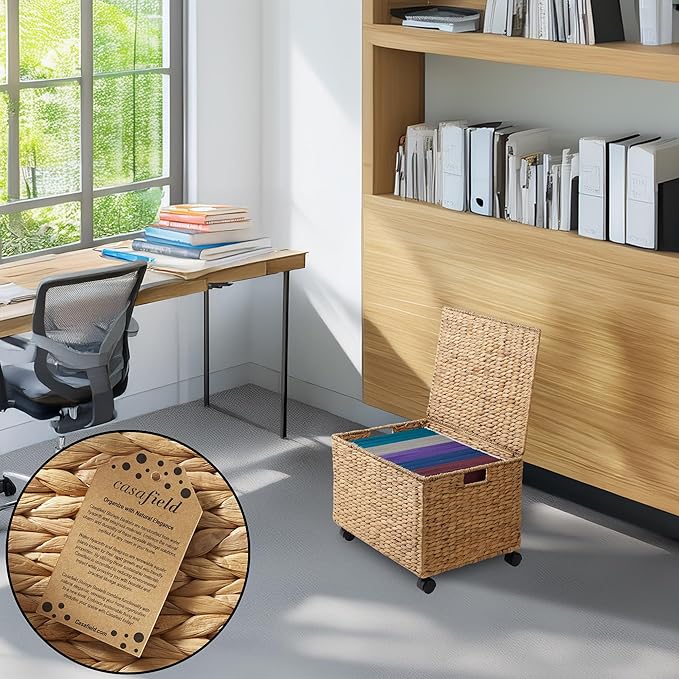 Casafield Rolling Filing Cabinet Natural - Water Hyacinth File Organizer with Lid and Locking Wheels Home Office Storage for Hanging Folders