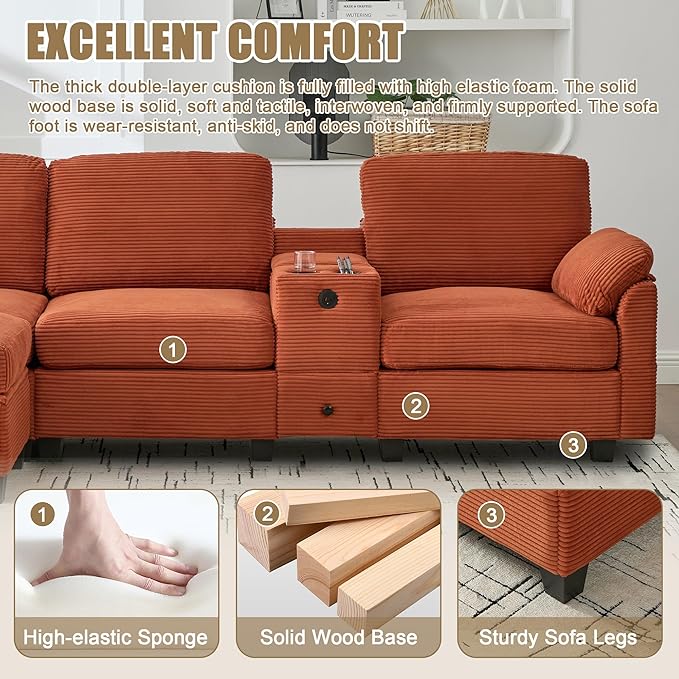 KEIKI 105 L-Shaped Oversized Corduroy Modular Sectional Sofa with 1 Ottoman and Multi Functional Console 4-Seater Upholstered Couch with USB and 2 Cup Holder Easy Assembly for Living Room Orange