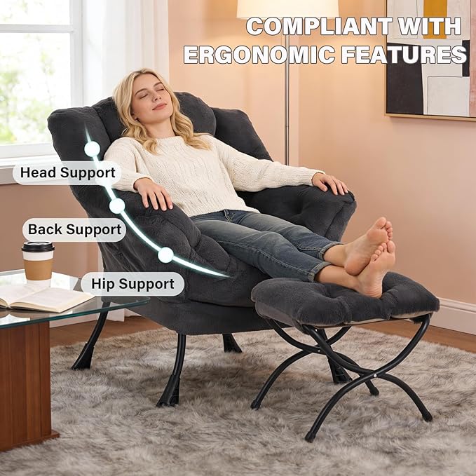 Lazy Chair with Folding Ottoman Modern Accent Lounge Armchair with Armrests and a Side Pocket &amp Foldable Footstool Leisure Reading Chair for Living Room Bedroom Dorm &amp Office Plush Navy