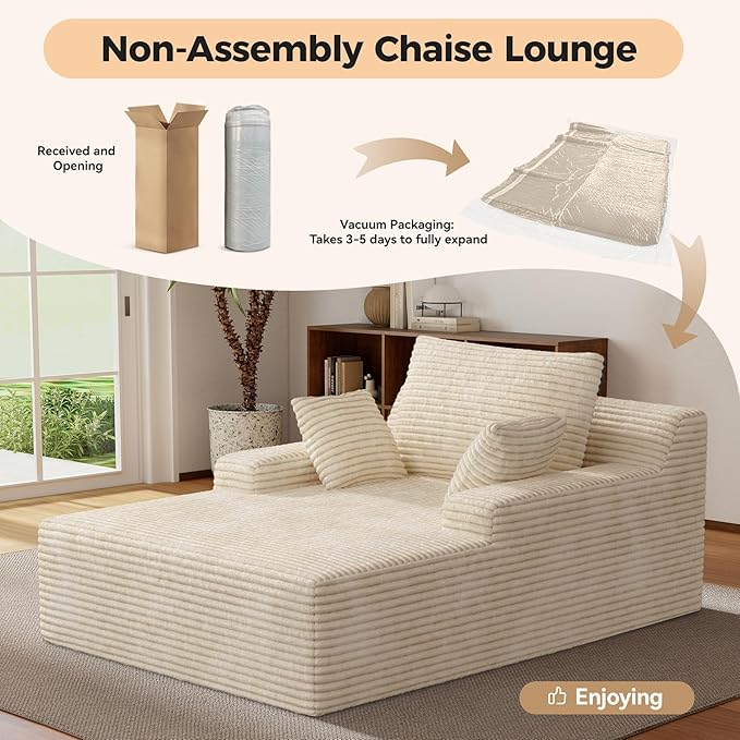 51'' Oversized Chaise Lounge Chair Indoor Non-Assembly Deep Seat Sofa Bed Corduroy Sleeper Cloud Boneless Couch with 2pcs Pillows for Reading Living Room-Khaki