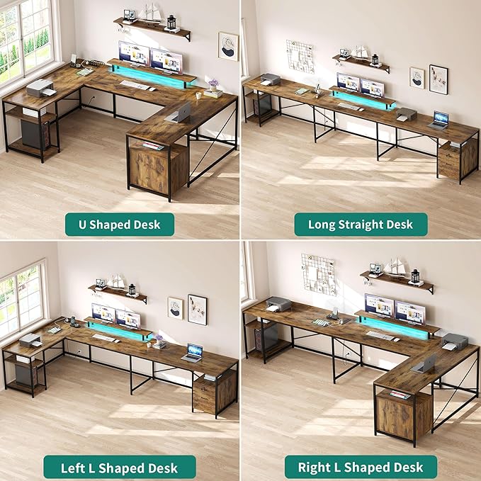 YITAHOME U Shaped Desk with Power Outlets &amp LED Lights 79 Reversible L Shaped Desk with Drawers Corner Computer Desk Office Desk with Monitor Stand &amp Storage Shelves Rustic Brown