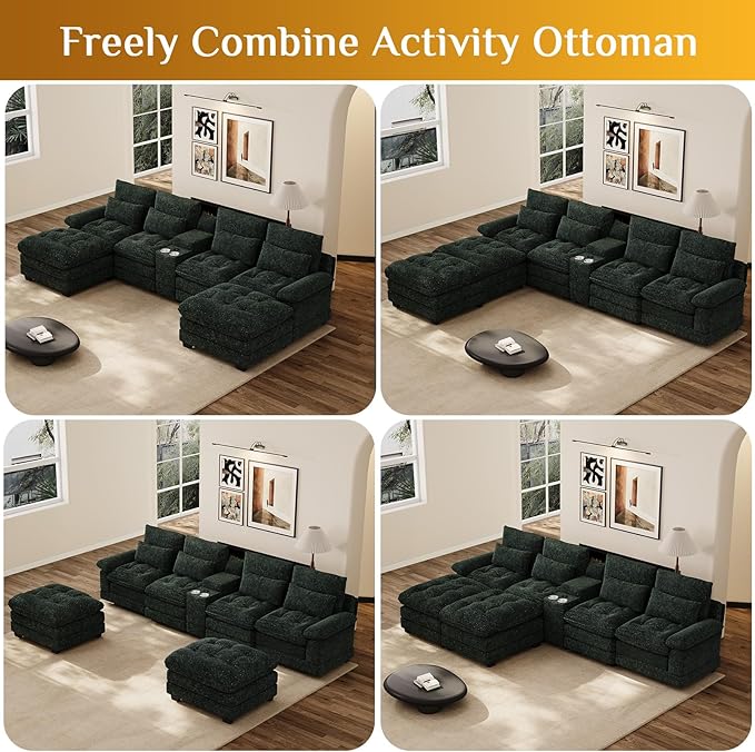 134 Oversized Green Sectional Couches for Living Room with Glitter Fabric Fluffy Couch with Chaise Lounge&ampTufted Buttons U Shaped Sofa Set Chenille 6 Seater Couch with 2 Ottoman &amp Storage