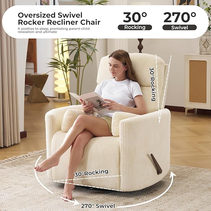 Oversized Swivel Rocker Recliner Chair with Massage and Heat Manual Swivel Glider Rocker Recliner with 2 Pillows Rocking Nursery Chair with Storage Ottoman Adjustable HeadrestCorduroy Beige