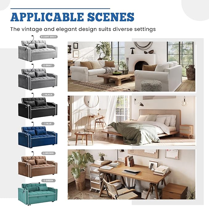 TTK 3-in-1 Convertible Velvet Sleeper Sofa Bed Pull-Out Loveseat with Adjustable Backrest USB Port &amp 2 Pillows Swivel Phone Stand &amp Storage Pockets Modern Futon Couch for Living Room Blac
