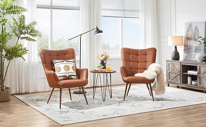 Yaheetech Accent Chairs Large PU Leather High-Back Chair w/Metal Legs Pottery Barn Style Living Room Chairs for Bedroom/Home Office Brown Set of 2