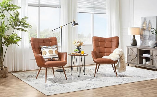 Yaheetech Accent Chairs Large PU Leather High-Back Chair w/Metal Legs Pottery Barn Style Living Room Chairs for Bedroom/Home Office Brown Set of 2