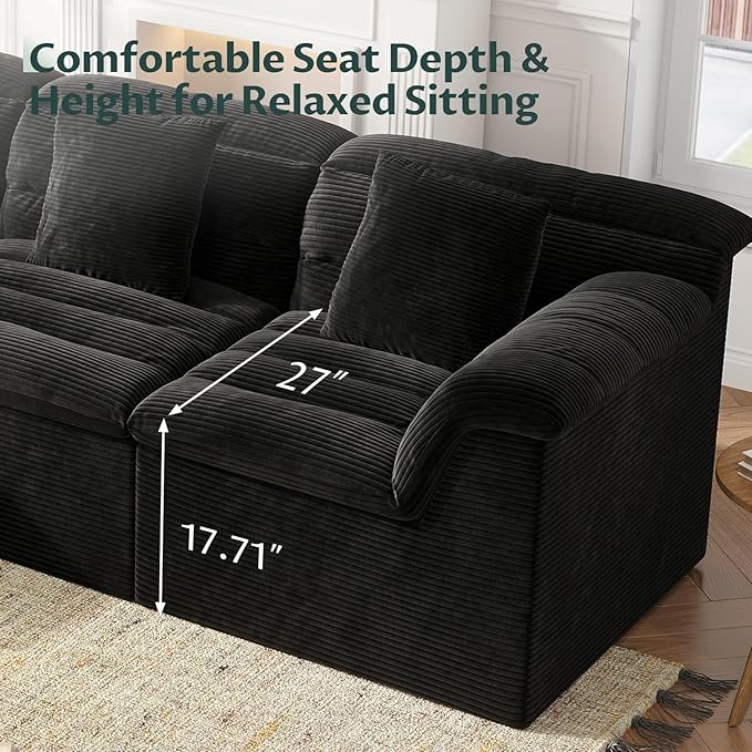 112 Modular Cloud Sectional Couch with Ottoman Modern Upholstered Compressed Sofa with Deep Seat Comfy L-Shape Corduroy Couches for Living Room No Assembly Required Black