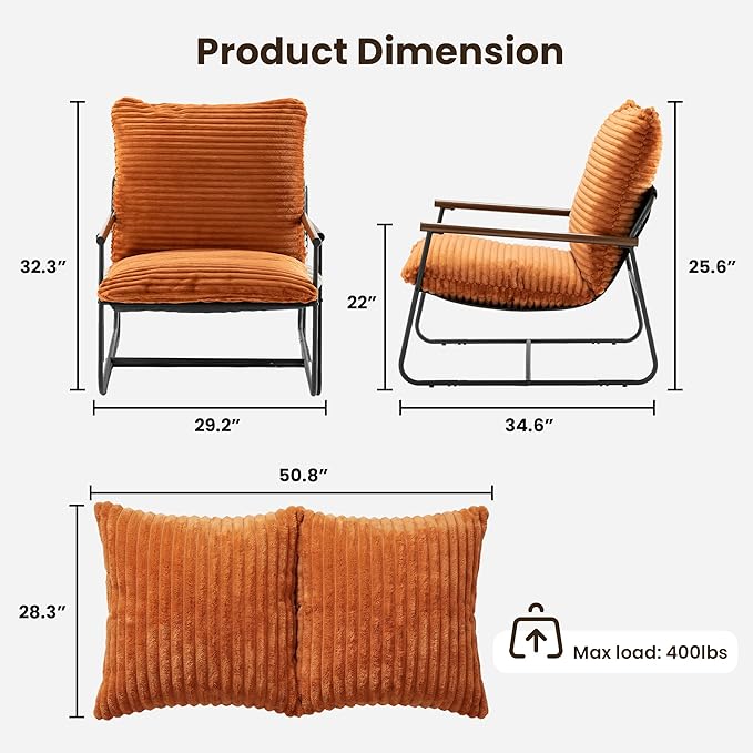 COSIEST Accent Chair for Living Room Modern Armchair with Wood Arms Retro Ribbed Upholstered Lounge Chair with Black Metal Frame Comfy Reading Chair for Bedroom Office Brown