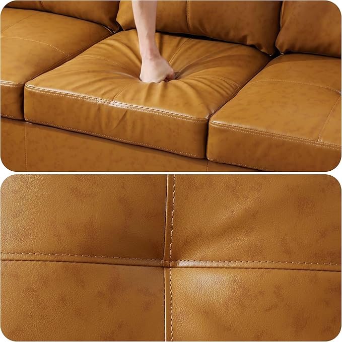 103.5 Inch Modern L-Shaped Couch PU Leather Sectional Sofa with Chaise Lounge 4-Seater Couch with Accent Pillows for Living Room Apartment Turmeric