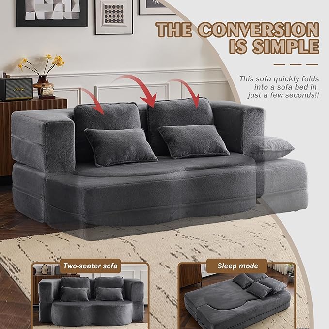 78 Plush Fabric Folding Floor Sofa Couch BedConvertible Folding Sofa Bed Full Size Love Seat Sleeper Bed with 4 Pillows for Living Room Apartment Office (Plush Fabric+Gray)