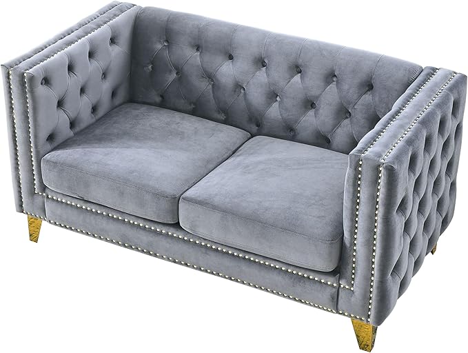 KEIKI Tufted Velvet 2 Seat Sofa Couch for Living Room Buttons Tufted Square Arm Couch for Home Apartment Gray