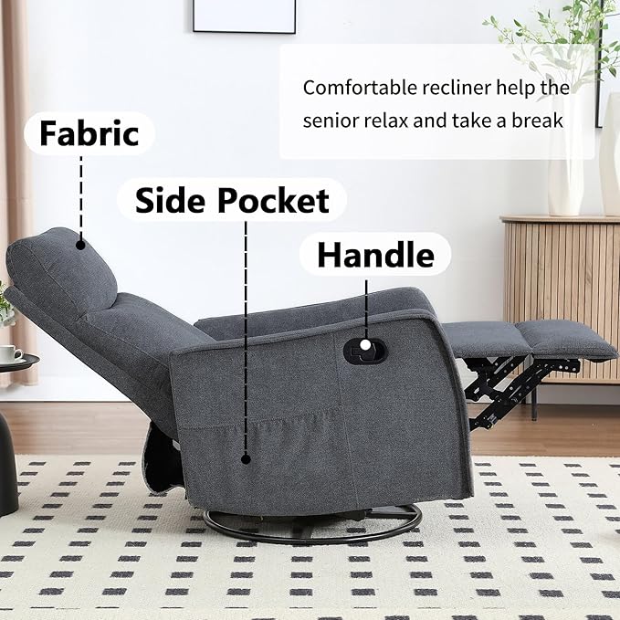 Massage Chair Recliner with Heat Swivel Rocking Chair Recliner with High Back Manual Lazy Boy Recliners for AdultsSmall Recliner Chair for Small Spaces Living Room Bedroom Fabric (Grey)