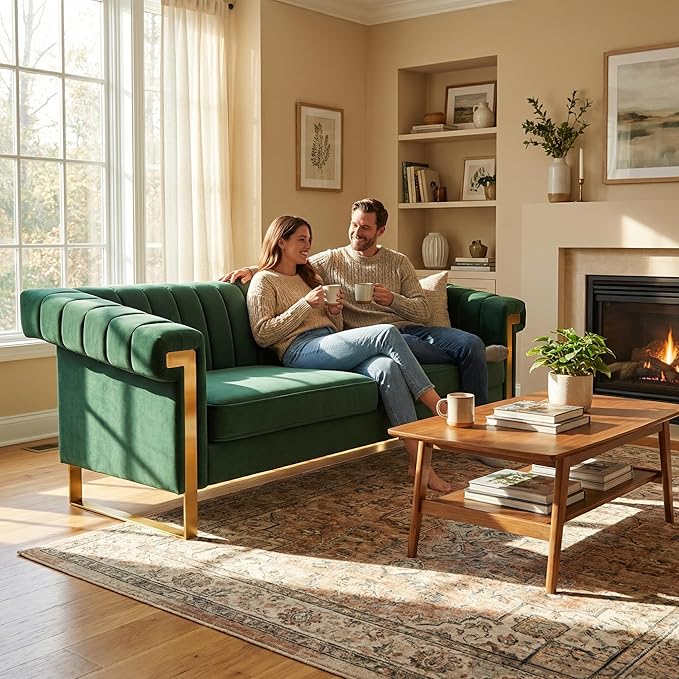 Luxury Velvet 3-Seater Sofa Mid-Century Modern Couch with Gold Metal Legs Waterfall Stitched Back Removable Cushions for Living Room Durable &amp Comfortable (Green)