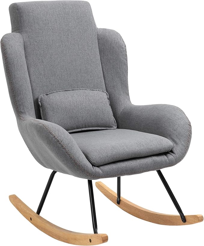 HOMCOM Modern Rocking Chair with Removable Lumbar Pillow Fabric Sofa Armchair with Thick Padding Metal Frame Wood Base for Living Room Light Grey