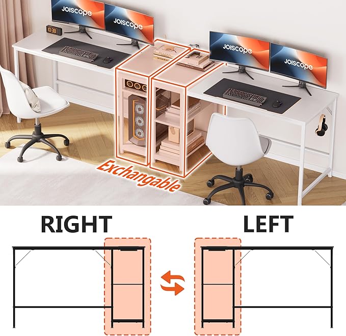 JOISCOPE Home Office Desk with Double Reversible Side Shelves and Headphone Hooks Small Computer Desk for Working Gaming Studying 48 inches White