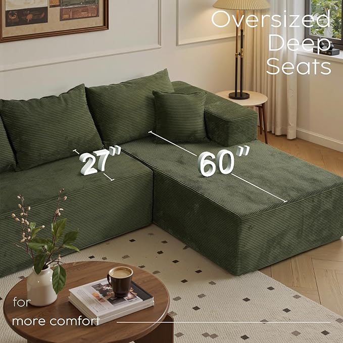 103 L Shaped Sectional Boneless Couch for Living Room Modern Modular Cloud Sofa with Right Facing Chaise Comfy Deep Seat Memory Foam Couch in Box No Assembly (1CM Wide Striped Corduroy Green)