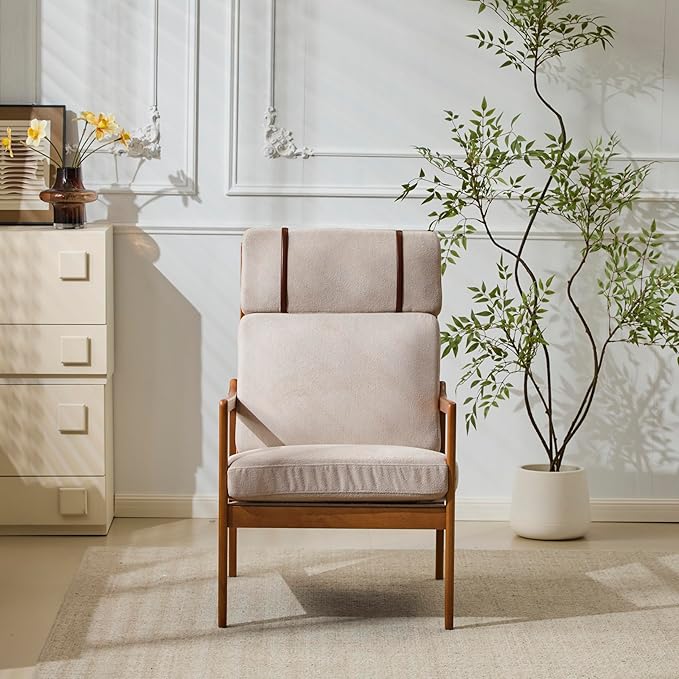 Merax Mid Century Modern Accent Chair High Back Armchair with Light Gray Upholstered Cushions and Solid Wood Frame Ergonomic Lounge Chair for Living Room/Bedroom/Reading Nook