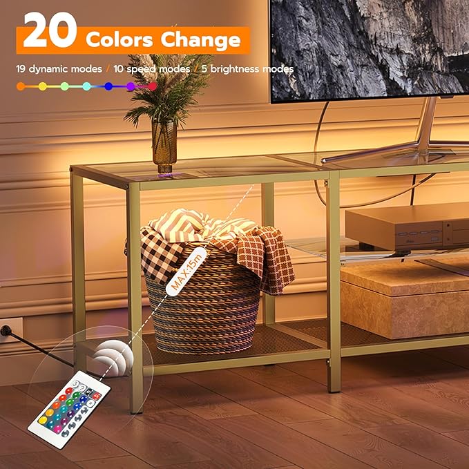 HOOBRO TV Stand with LED Lights and Power Outlets for TVs up to 75 Modern 70.9 Inch Tempered Glass TV Console Table with Open Shelves Media Entertainment Center for Living Room Gold GD185UDS01