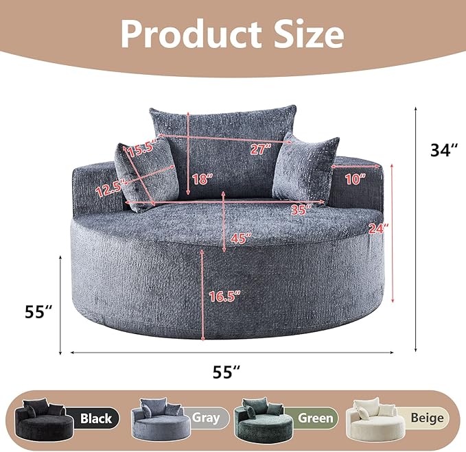 55''W Oversized Round Chair with PillowsComfy Chenille Single ChairOversized Accent Chair with Deep Seat Modern Large Reading Chairs for Living Room &amp Bedroom (Grey)
