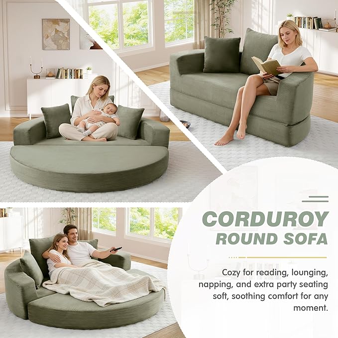TTK 67” Oversized Round Sofa Bed 2 in 1 Convertible Circle Bed Folding Futon Lazy Floor Round Chaise Lounge Chair Comfy Corduroy Boneless Loveseat Couch for Living Room Apartment No Assembly (Green)