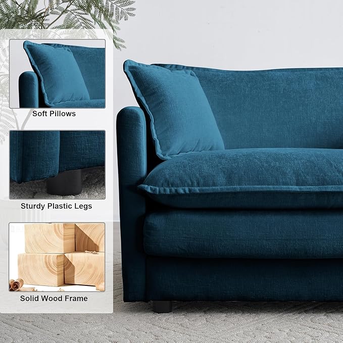 KIVENJAJA Chenille Modular Sectional Couch Modern 3 Seater Comfy Deep Seat Cloud Sofa with 5 Pillows for Living Room Bedroom Office Apartment 111.5”W Blue