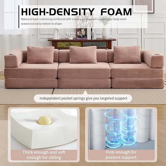 118 Oversized Sectional Couches Convertible Floor Sofa Bed with Cup Holder Boneless Foldable Mattress Cloud Couch with Pillow Back &amp Armrest for Living Room Bedroom Lounge(Corduroy Pink)