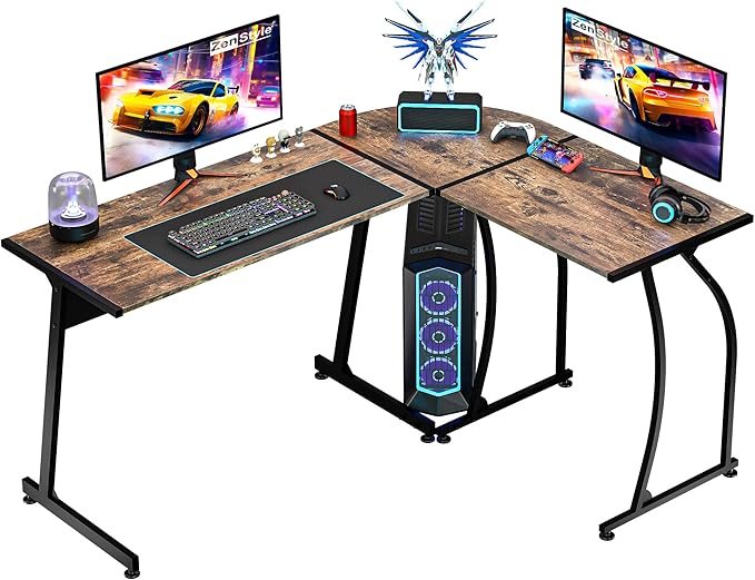 ZenStyle 55 L-Shaped Corner Computer Desk - Sturdy Steel Frame &amp Waterproof Surface Brown Wood Grain Design for Home Office Gaming &amp Multipurpose Workstation