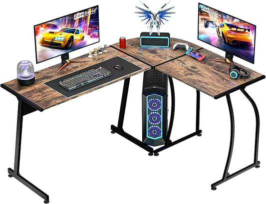 ZenStyle 55 L-Shaped Corner Computer Desk - Sturdy Steel Frame &amp Waterproof Surface Brown Wood Grain Design for Home Office Gaming &amp Multipurpose Workstation