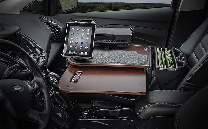 AutoExec AE-GMCD-PI-TAB-PS-21M GripMaster Car Desk for Your Vehicle Workstation and Mobile Office Mahogany with 400 watt Power Inverter Tablet Mount and Printer Stand