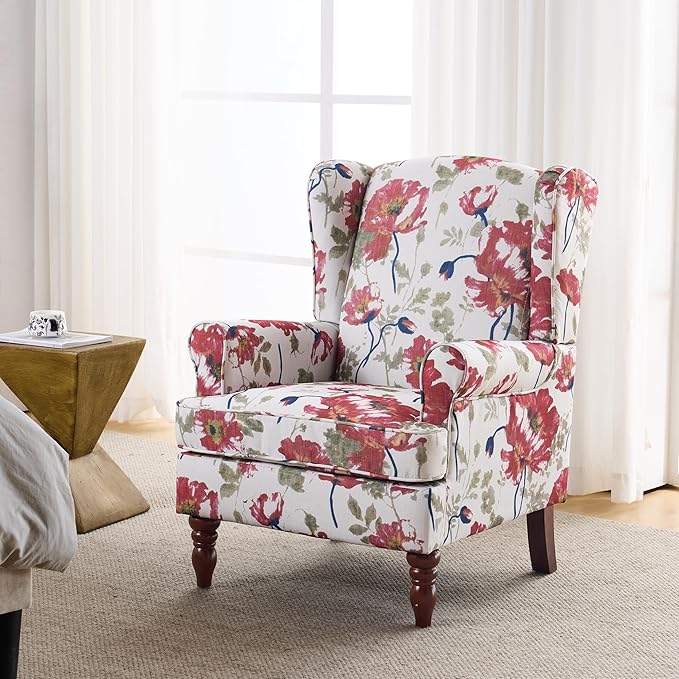 EROMMY Floral Accent Chair Comfortable High Back Upholstered Armchair with Solid Wood Legs Leisure Single Sofa Chair for Living Room Bedroom Home Office Pink Floral