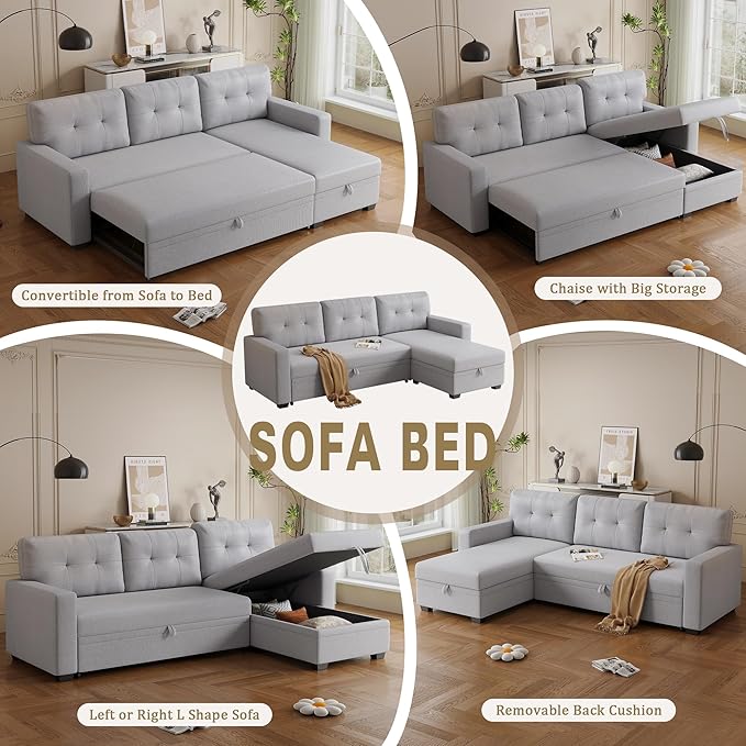 Ball &amp Cast L-Shape Convertible Sectional Sleeper Sofa Bed 4 in 1 Pull Out Couch with Reversible Storage Chaise &amp Removable Back CushionsSleeper Corner Couch Pull Out Sofa Bed for Living Room