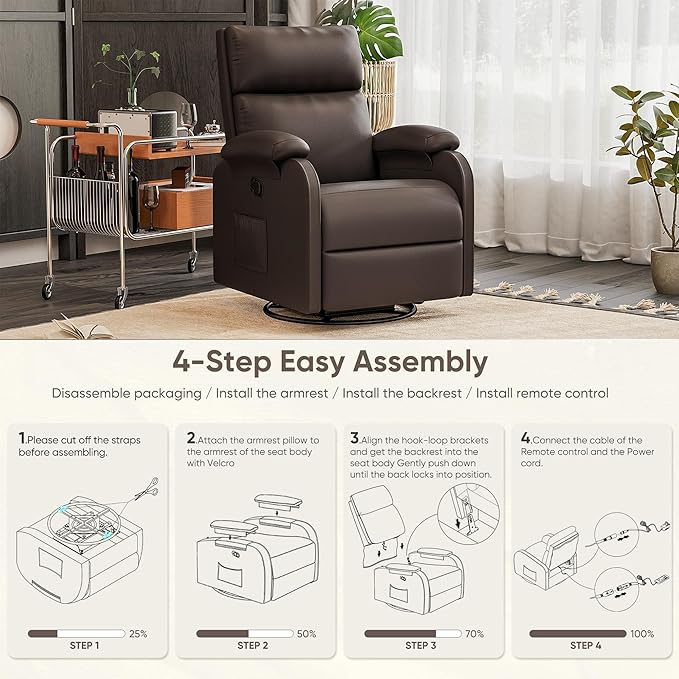 Homall Recliner Chair 360 Swivel Rocking Chair for Adults Massage Nursery Chair with Adjustable Backrest and Footrest PU Leather Glider Rocker Recliners with Side Pocket for Living Room (Brown)