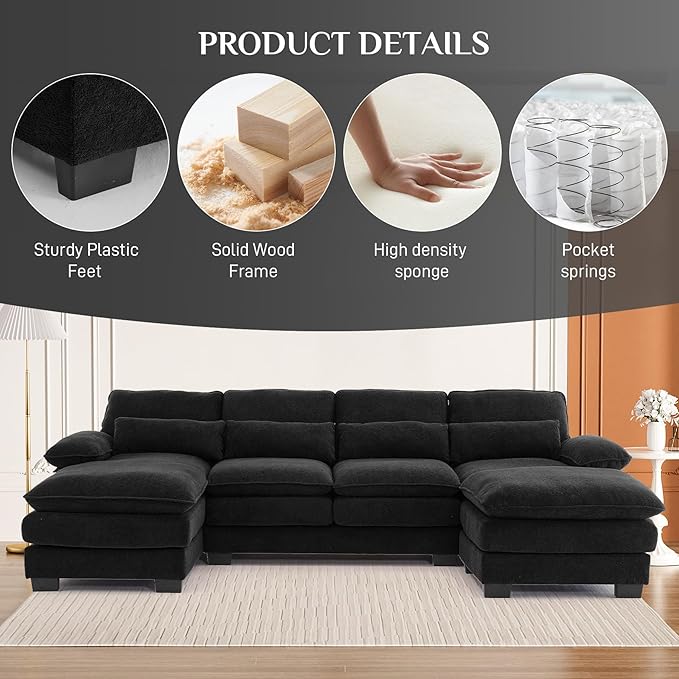 114 U Shaped Cloud Couch Sectional Modular Sofa Sectional Couches for Living Room Modern Comfy Chenille Modular L Shaped Sofa Set with Chaise Lounge Ottoman Black