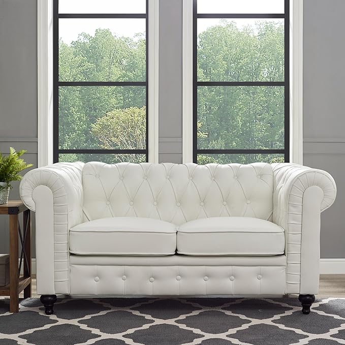 Naomi Home Emery Chesterfield Leather Loveseat Mini Sofa Sleeper Loveseat Small Sofa Bed with Rolled Arms Tufted Cushions 2 Seater Sectional Small Loveseat for Spaces Living Room White