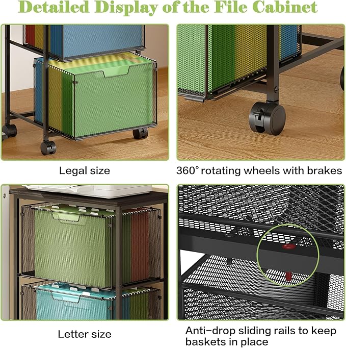 Letter/Legal Rolling File Cart with 2 Storage Drawers Under Desk Storage Vertical Filing Cabinet for Home Office Hanging File Folders Organizer Mobile Utility Cart Printer Stand Black