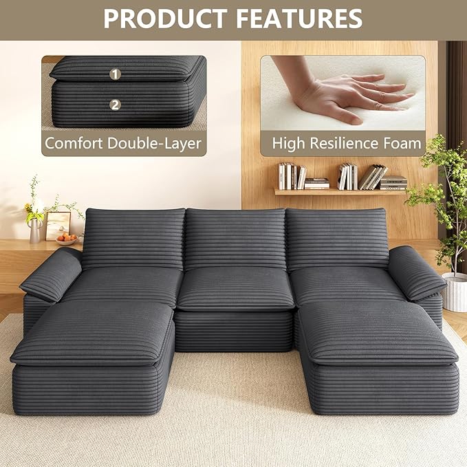 111 Cloud Sectional Couch with U-Shaped Chaise Corduroy Sectional Sofa with Ottoman Boneless Couch with Deep Seat in a Box for Living Room No Assembly Required (Dark Grey)