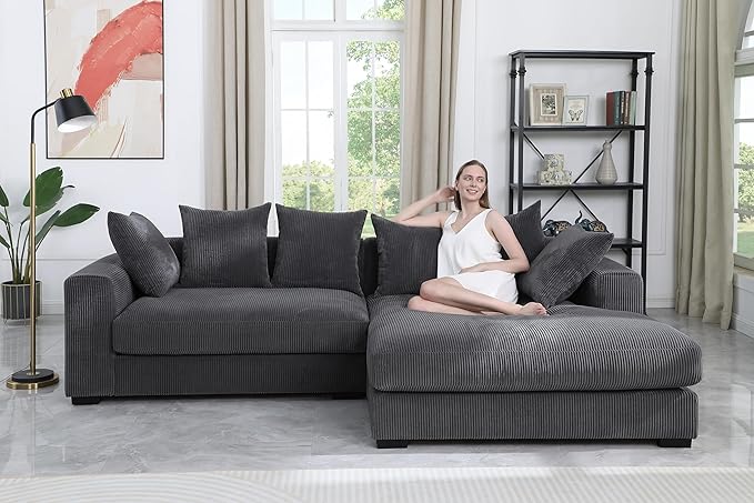 L-Shaped Corner Corduroy Sectional Sofa 4 Seat Modular Boneless Sofa Foam Cloud Couch with Movable Ottoman and Toss PillowsModern Deep Seat Convertible Chaise Sofa