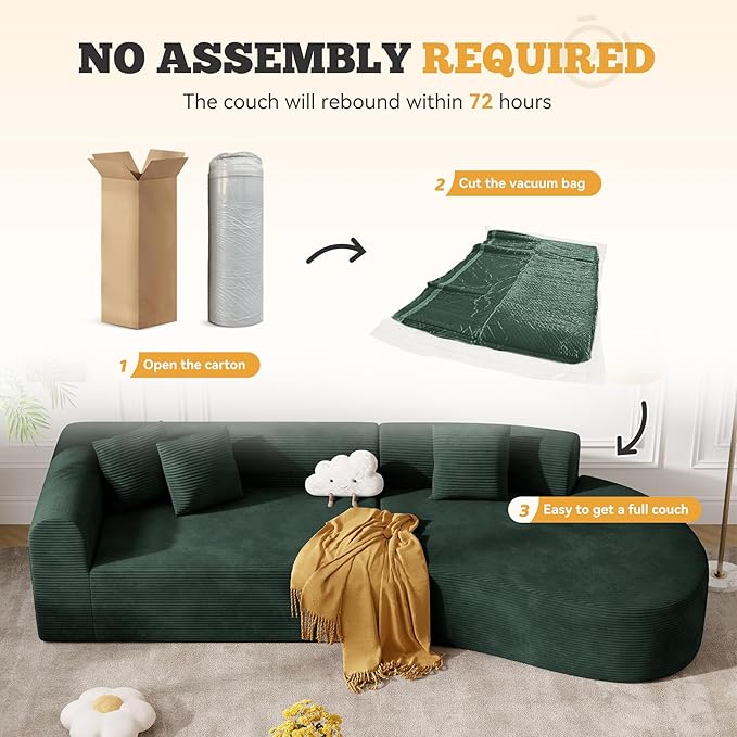 126 Curved Modular Sectional Sofa Modern Cloud Couch with Deep Seat Upholstered Oversized Boneless Couches for Living Room No Assembly Required Green Corduroy Fabric 1 PCS