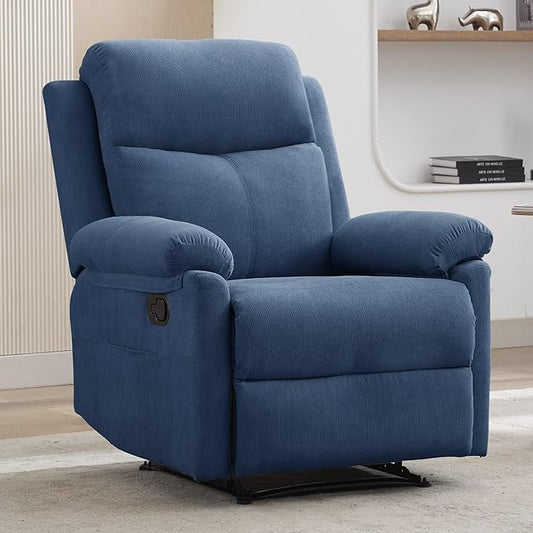 Recliner Chair Manual Recliner for Adults with Side Pocket Small Recliners for Small Spaces Adjustable Comfy Overstuffed Corduroy Reclining Chairs for Living Room Reading Bedroom Blue