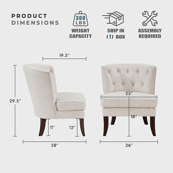 Lexicon Accent Chair Textured Fabric Upholstered Armless Chair with Solid Wood Legs Button Tufted Curved Back for Living Room/Bedroom/Office/Waiting Area Beige