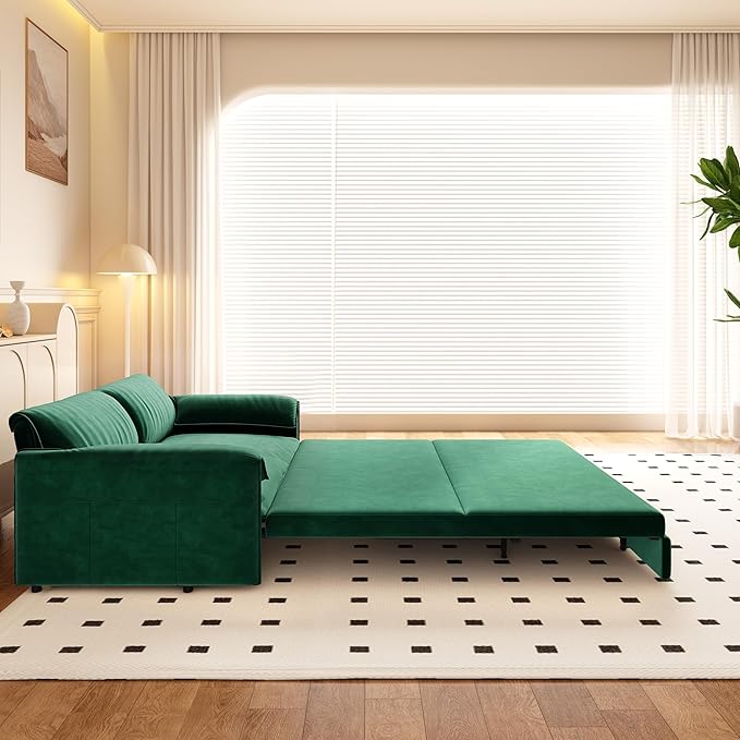 3 in 1 Convertible Queen Sleeper Sofa Bed Comfy Pull Out Futon Couch Bed 66 Modern Velvet Recliner Loveseat Sofa Multi-Functional Green Cloud Couch for Living RoomApartmentOffice (Green 66)