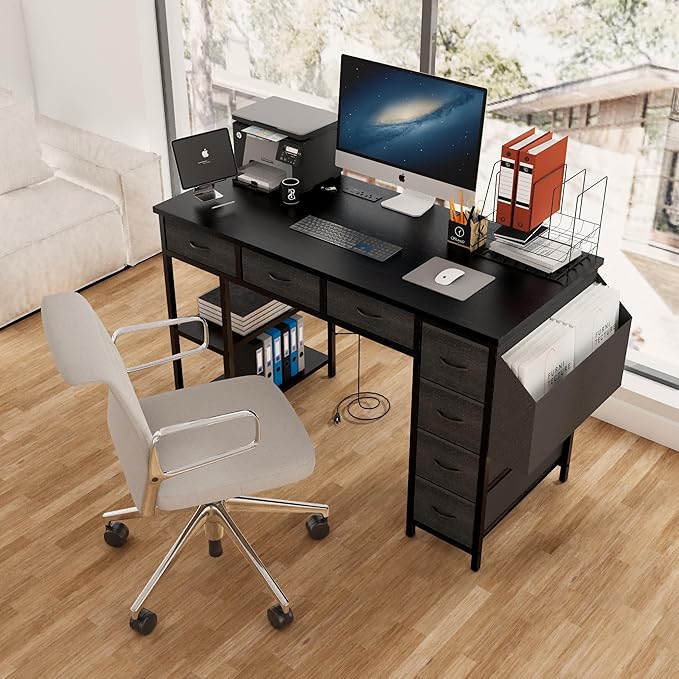 47.3 Computer Desk with 7 Drawers Extra Large Side Pocket and Power Outlets Ideal for Home Office Study or Gaming Black