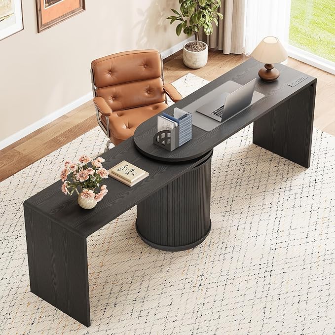 ONBRILL 60 Inch L Shaped Desks with Power Outlets360° Rotating Fluted Computer Desk with Storge Swivel Corner Table for Home OfficeWorkstationStudy RoomBlack