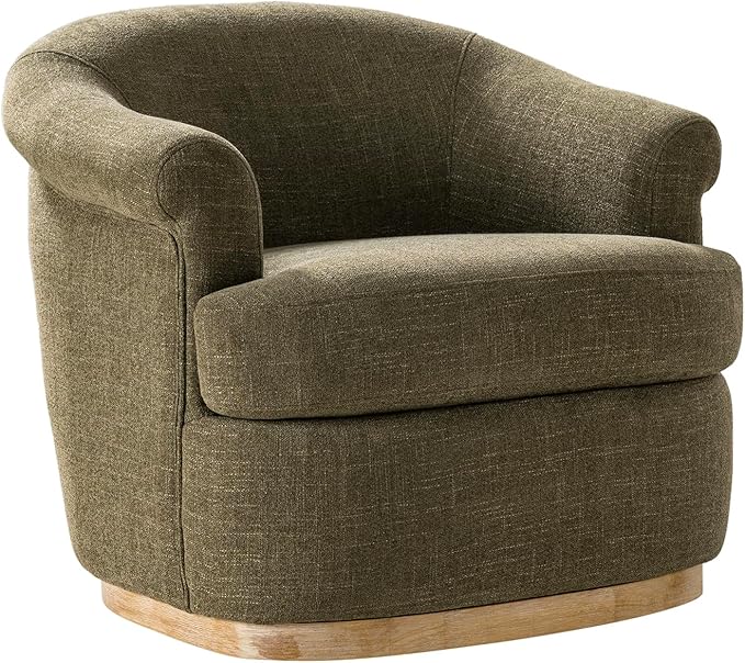 HULALA HOME Swivel Barrel Chair with Rolled Arms Upholstered Fabric Swivel Round Armchair with Removable Cushion Solid Wood Base for Living Room Bedroom Moss
