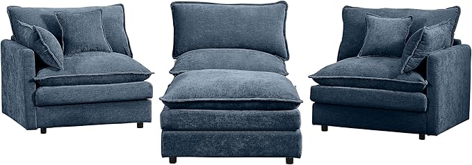 Cloud Couch Modular Sectional Sofa 102-Inch L-Shaped Chenille Fabric 3-Seater with Movable Ottoman Living Room Couch Set with Memory Foam Cushions (Blue L)
