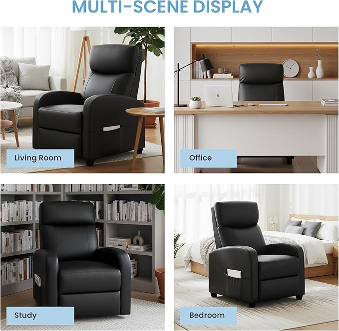 Simple Deluxe Recliner Chair - Adjustable Push Back PU Leather Recliner Plush Reading Chair &amp Luxe Sofa Chair for Living Room Chairs or Bedroom Chair Single Recliner for Home Theater