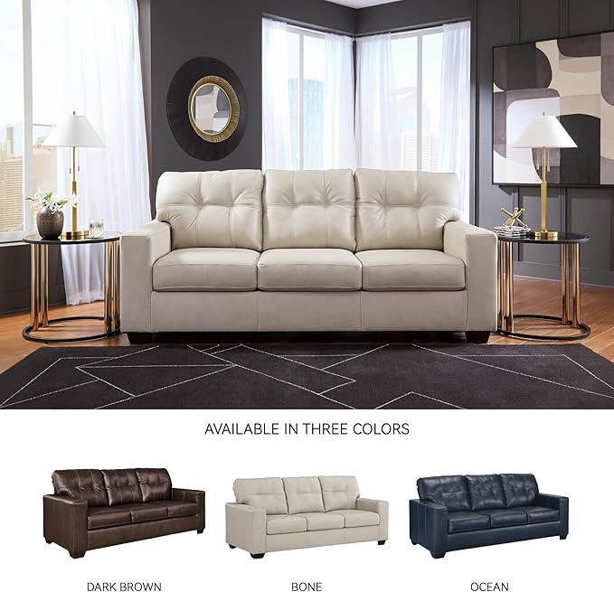 Signature Design by Ashley Santorine Classic Leather Match Sofa with Tufted Cushion and Removable Cushion Light Gray