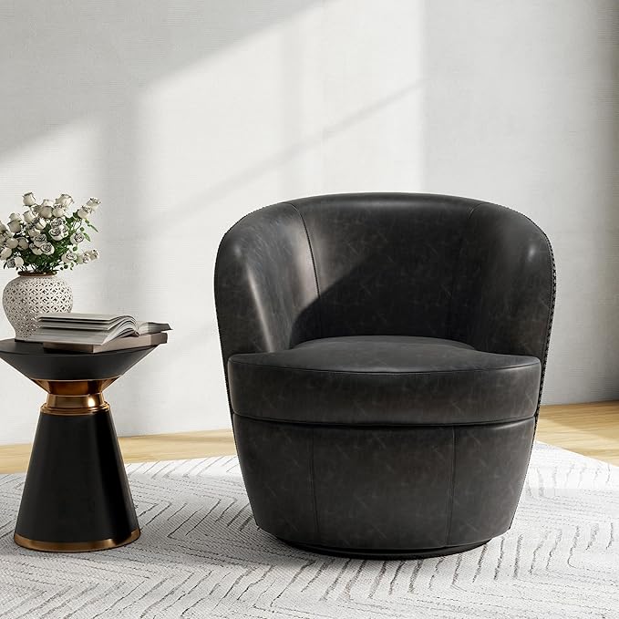 Swivel Barrel Chair Modern Round PU Leather Accent Armchair for Living Room Bedroom Comfy Club Reading Chairs for Adults (Leather Black Grey Set of 1)