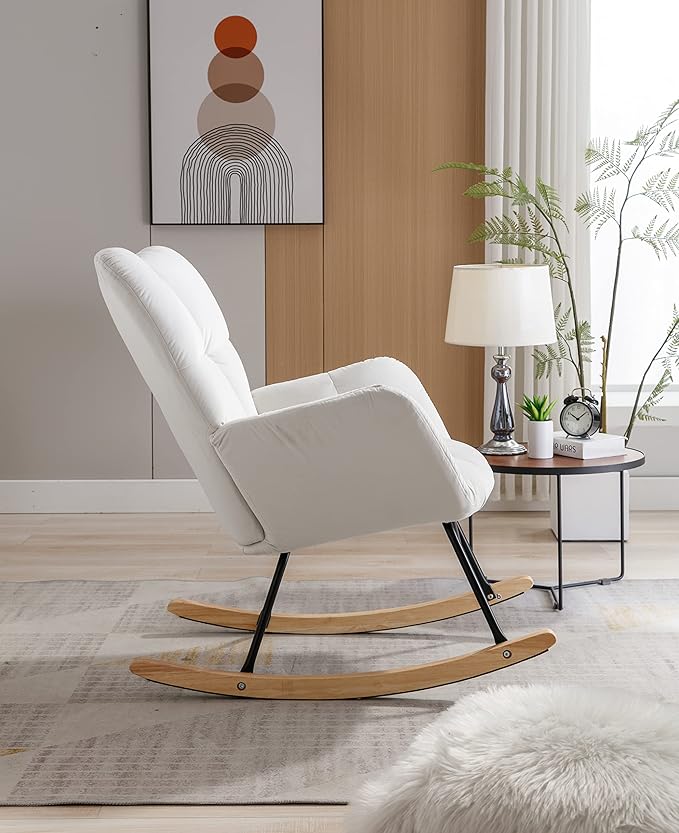 Mid Century Modern Velvet Tufted Upholstered Rocking Chair Padded Seat for Living Room Bedroom White