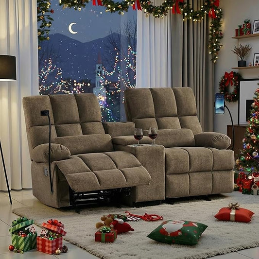Recliner Loveseat Sofa with Rocker FunctionCat-Proof Rocking Reclining Loveseat with Phone Holder/USB/Type C RV Double Rocker Reclining Couch for Home TheaterLiving Room (Brown) | Rocker Function